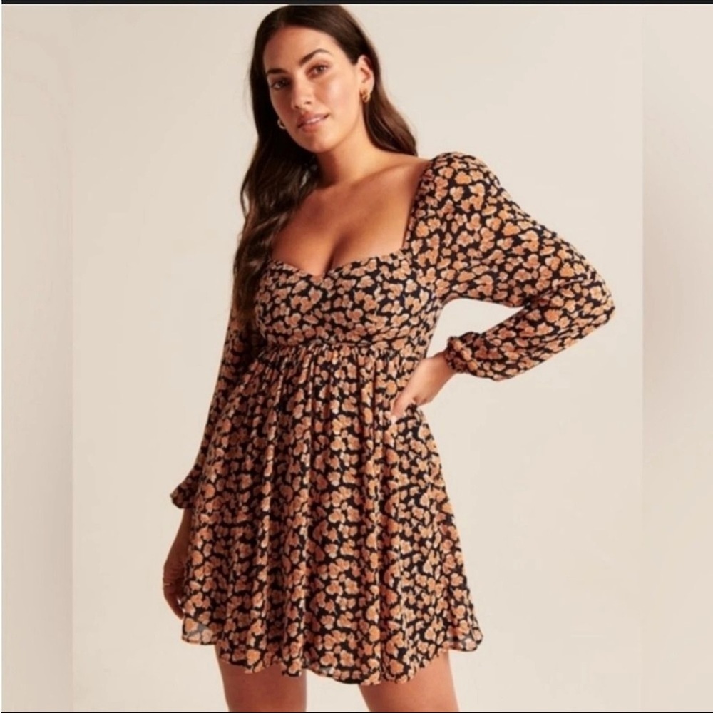 Abercrombie & Fitch Navy Mini Dress with Coral Floral Print, long sleeve, XXS